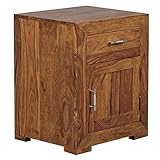 WOHNLING Nachttisch Massivholz Sheesham Design Nachtkommode 60cm Hoch 50cm Breit Schublade & Tür Nachtschrank Natur-Holz Massiv dunkel-braun Nachtkonsole Landhaus-Stil Nachtkästchen für Boxspring-Bett
