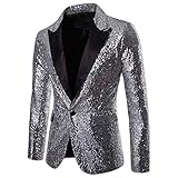 Herren Pailletten Sakko Gold Glitzer Blazer Slim Fit Hochzeit Mantel Langarm Anzug Herrenjacke Performance-Kostüm für Hochzeit und Party(Silver,XL)