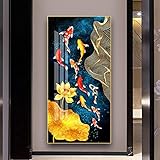 Chinesischer Stil, neun Koi-Fische, Leinwandgemälde, goldener Lotus, Poster, Wandkunst, Bilder, moderne Wohnzimmer-Gang-Innendekoration, 80 x 160 cm, rahmenlos
