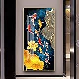 Chinesischer Stil, neun Koi-Fische, Leinwandgemälde, goldener Lotus, Poster, Wandkunst, Bilder, modernes Wohnzimmer, Gang, Innendekoration, 60 x 120 cm, rahmenlos