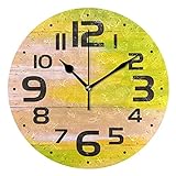 FJAUOQ Bunte gelb-grüne Holz-Wanduhr, 24,9 cm, rund, batteriebetrieben, dekorative Uhr für Küche, Schule, Büro