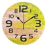 FJAUOQ Bunte gelb-grüne Holz-Wanduhr, 24,9 cm, rund, batteriebetrieben, dekorative Uhr für Küche, Schule, Büro