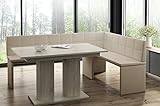 MyStyleWood Eckbank Marta Creme mit Säulentisch Eiche Küchenbank Sitzecke dick gepolstert Kunstleder pflegeleicht stabiles Holzgestell 196x142R