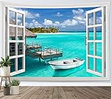 LB Wandteppich Krickentenmeer Wandtuch Hütte am Meer Wandbehang Tropische Insel Sommerlandschaft Tapisserie für Wohnzimmer Schlafzimmer Wohnheim Wanddeko,235x180cm