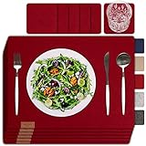 sølmo I 12er Premium Platzsets aus Filz Tischset Platzset 42x32 cm abwaschbar Filzuntersetzer Platzdeckchen Untersetzer Teller Platzset + Glas Untersetzer Echtholz Tisch geeignet Rot, Wine Red