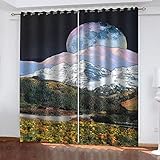 Vorhänge Wohnzimmer Modern Blickdicht 2Er Set 3D Schneegebirgsblumenmeerlandschaft Muster Schlaufenschal Verdunkelungsvorhang Vorhänge Lärmminderung Gardinen Fensterdekoration 210X220cm(HxB)