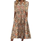 Sommerkleid Damen Lang - MaxiKleid Damen Kurzarm -Kleid Damen Sommer V Ausschnitt Knopfleiste Blumen Strandkleid Midi Langes Festliche Kleider Elegant Flowy Partykleid mit Taschen Abendkleid
