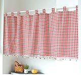 Yaland Elegant Schlaufenschal karo Gardine Karierte Küche Gardine Scheibengardine mit Kugeln-Kante Landhausstil Bistrogardine mit Raffhalter (HxB 40x140cm, rot) 1 Stück