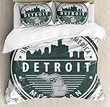 ABAKUHAUS Detroit Bettbezug Set Doppelbett, Michigan Old Stamp, Kuscheligform Top Qualität 3 Teiligen Bettbezug mit 2 Kissenbezüge, 220 x 220 cm - 75 x 50 cm, Schwarz Weiß Grau