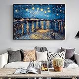 BIEMBI Van Gogh Sternennacht-Leinwandgemälde, Replik an der Wand, impressionistische Sternennacht-Leinwandbilder für Wohnzimmer, 60 x 80 cm, Rahmen