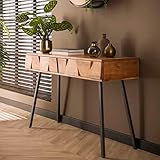 Ringo-Living Massivholz Konsolentisch mit Zwei Schubladen, Designer Konsolentisch Holz für Wohnzimmer, Sideboard Holz Massiv Retro, Hochtisch Büro, Schminktisch schmal, Retro Konsolentisch Industrial