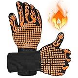 Grillhandschuhe Hitzebeständig Handschuhe BBQ Handschuhe mit 500 Grad Extrem Hitzebeständige, Backhandschuhe mit Fingern, rutschfeste Silikon-Kochhandschuhe zum Backen, Grillen, Kochen, BBQ (Orange)