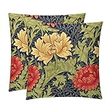 2Er Set Kopfkissenbezug Vintage-Blumen-Rot-Gelb-Chrysantheme Atmungsaktiv Kissen Fall Resistent,Lustige Kissenhüllen Für Geschenk Garten Sofa 45X45Cm