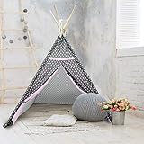 ECD Germany Tipi Spielzelt für Kinder 115x115x160 cm mit Fenster Grau mit Sternen Rosa Türblenden drinnen draußen Teepee Kinderzelt Babyzelt Indianer Zelt Indianerzelt Indianertipi Spielhaus Spielzeug