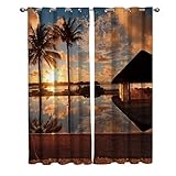 TEMLAN Kokospalmen Bei Sonnenuntergang Am Strand Kinder Gardinen Terrassenpool Vorhänge Blickdicht Mit Ösen, Digitaldruck 3D Thermogardine Für Schlafzimmer Wohnzimmer 2Er Set (140 x 160cm)