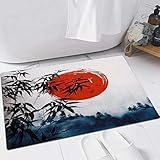 Mustermatte Teppich für Treppe,WC,Boden,Schlafzimmer,Wohnzimmer,Badezimmer,Küche,Heimtextilienbereich, Japanischer Bambus Asiatische Tuschmalerei Schwarze Baumstämme Rote Sonne Berg,16x24Inch(40x60cm)