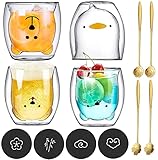 JOTOL Doppelwandige Latte Macchiato Gläser Set,Süße Tassen Kaffee Teegläser Trinkgläser Kaffeeglas Doppelwandige Gläser 4pcs Set mit Löffel und Untersetzer,Double Wall Glass Milk Cup Geschenkset