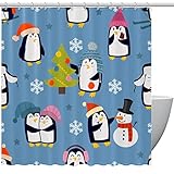 WOSHJIUK Duschvorhang Badezimmer Dusche und Badewanne,Schneeflocken Weihnachtspinguin-Schneemann,Duschvorhang-Set mit Haken