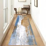 Teppich Läufer Lang Flur Küche rutschfest Teppichmatten Küchenläufer Modern waschbar Flurteppich 50x140cm Blau Weißer Abstrakt Teppichläufer Küchenteppich Meterware Esszimmer Schlafzimmer Matten