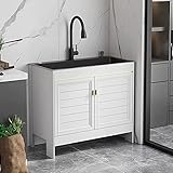 Küchenspülen für zu Hause, Wäscheschrank, freistehende Edelstahlspüle, weiße Küchenspülen mit schwarzem Hochbogen-Ausziehhahn, Mehrzweck-Handwaschstation für die Zubereitung von Spülbecken,