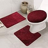 ele ELEOPTION Badezimmer Set, rutschfeste Badematte und WC-Vorleger-Set, schnelltrocknend, weich, wasserabsorbierend,WC-Garnitur, 3-teilig, weinrot, 50 x 80 cm