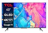 TCL 43C639 43 Zoll (108cm) QLED Fernseher, 4K UHD, Smart TV, Google TV, HDR Premium, 60Hz Motion Clarity, Dolby Vision & Atmos, 2.0 ONKYO Sound, Sprachsteuerung, Metallgehäuse, Alexa kompatibel