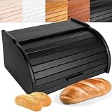 Creative Home Schwarz Brotkasten Holz | 38 x 28,5 x 17,5cm (+/-1cm) | Perfekte BrotBox für Brot Brötchen Kuchen | Brotkiste mit Roll-Deckel | Natürliche Brot-Kiste | Brotbehälter für Jede Küche