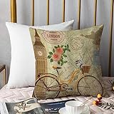 kissenbezüge 45x45cm,London Vintage Design mit Stempel Big Ben und Fahrrad Blühende Rose,Deko Kissenbezug für Wohnzimmer Büro Garten Sofa, Polyester Zierkissenbezug mit unsichtbarem Reißverschluß