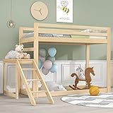 Azkoeesy 90x200 cm Etagenbett Bettgestell mit Treppe & Lattenrost, 90x200 Jugendbett mit Fallschutz und Gitter, Rahmen aus Kiefernholz, Natur