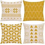 Mefooge 4er-Set Kissenbezug 35x35cmGelb Leinen Dekokissen Kissenbezug Quadratische Kissenhülle mit Unsichtbarem Reißverschluss für Sofa Stuhl Schlafzimmer Hausgarten Kissenbezüge