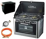 NJ CO-01 Gas Backofen Gaskocher 2 flammig Campingkocher mit Deckel Gasgrill Gasherd Ofen + Gasschlauch-Regler Set