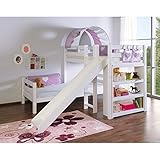 Relita Etagenbett BENI L mit Rutsche, Buche massiv, weiß lackiert, mit Tunnel und Tasche purple/weiß Herz