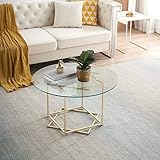 Ginhow Glastisch Wohnzimmer | Runder Couchtisch Gold | Tisch Wohnzimmer | Glas Beistelltisch Gold | Stubentisch mit Achteckiger Rahmen| Wohnzimmertisch Rund | Coffee Table | Couch Tisch