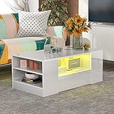 Merax Moderner Couchtisch Hochglanz Mit Led, Beistelltische fürs Wohnzimmer, Wohnzimmertisch, Sofatisch, 2 Schubladen und 2 Regalsofa (95 x 53 x 37cm) (Weiß)