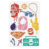 FINGERINSPIRE Hip Hop Skelett Schablone 21x29.7 cm Wiederverwendbare Hippie Totenkopf Muster Malvorlage Kunst Kopfhörer Radios Sonnenbrillen Hip Hop Halskette Schablone Zum Malen Auf Holz Wand Möbel