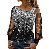 WNVWAPZY Sommer Cold Shoulder Tops für Frauen Splice Bluse Tops One Shoulder Strap Tunika Sparkly Printed Long Sleeve Blusen, silber, Small