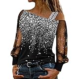 WNVWAPZY Sommer Cold Shoulder Tops für Frauen Splice Bluse Tops One Shoulder Strap Tunika Sparkly Printed Long Sleeve Blusen, silber, Small