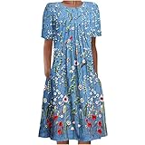 Komiseup Sommerkleid Damen Knielang Leicht Elegant Rundhals Sommerkleider Freizeitkleid Locker Sommer Kurzarm Boho Kleid Falten Midikleid Frauen Vintage Blumen Drucken Strandkleid mit Tasche