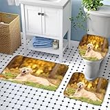 NODIII Badteppich Set 3pc Golden Retriever Badvorleger Groß 50x80 Extra Dick Flauschige Mikrofaser Kawaii Badezimmer Badematten Ecke,Konturmatte,Wc-Deckelbezug Rund,Rutschfester KlebefläChe