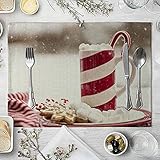 KnSam Tischset Kinder Groß 4Pcs Set, Marshmallow und Lebkuchen Platzset Baumwolle Leinen, Schmutzabweisend und Waschbare Tischmatte Weiß Rot für Küche und Restaurant, 32x42cm