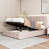 Polsterbett 140*200, Doppelbett mit Hydraulisch anhebbarer Bettstauraum ,höhenverstellbares Polsterkopfteil, Metalllattenrost, Hautfreundlicher Samtstoff Doppelbett Erwachsenen Jugendbett Beige