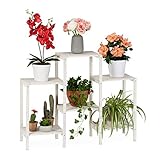 Relaxdays Blumenregal Holz, 6 Ablagen für Pflanzen, dekorative Blumentreppe für Indoor, stehend, 70 x 89 x 26,5 cm, weiß, Medium