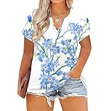 DIYIOUZHOU Hemd Damen Sport Kurzarm Oberteile Print Lauschig übergrößen Baumwoll Top Damens Frühling Schöne Weich V Ausschnitt Blau