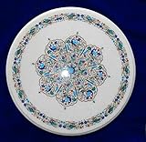 91,4 x 91,4 cm, runde Form, weißer Marmor, Esstischplatte für Restaurant, Dekoration, türkise Steine, Intarsien, Arbeitstisch, Besprechungstisch von Indian Art and Crafts