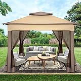 Tooluck Pavillon 3x3 Gartenpavillon Pop Up Faltpavillon Wasserdicht Stabil mit Moskitonetz Pavillon Faltbar Metallstreben Doppeldach für Terrasse, Garten, Hinterhof, UV-Schutz 50+, Braun