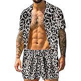Xmiral Herren Sommer Mode Casual Leopard Print Strand Meer Urlaub Kurzarm Shorts Anzug Zweiteiler Eigenschaften: Herrenanzug Blau 54 (1-Dunkelgrau,1-Dunkelgrau)