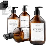 MONOKO 4er Set Seifenspender Glas Braun 500ml | Shampoo Flaschen zum Befüllen | Spülmittelspender Küche | Pumpspender + Aufkleber