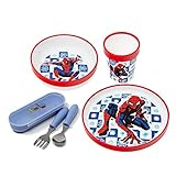 damaloo Spiderman Geschirrset rutschfest mit Kinderbesteck - 5-teiliges Spider Man Kinder Geschirr mit Teller, Schüssel, Becher, Gabel, Löffel - Kindergeschirr Set und Besteck für Baby BPA frei