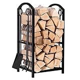 DOZRAN Kaminholzregal Holzwiegen Kaminholz-Regal 2-Lagen, Kaminbesteck mit Schürhaken Harke Bürste und Schaufel, Schmiedeeisen Kaminholzhalter für Outdoor-Ofen