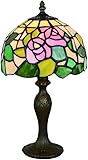 XENITE Tiffany Tischlampe Vintage, Glasmalerei Deko Klein Landhausstil Tischlampe, E14 DIY PINKE Rose for Schlafzimmer/Wohnzimmer Lampe